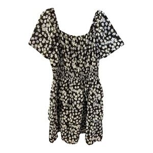 PrettyGarden Puff-Sleeves Ruffled Dress, Size XL, Black, Green & White Flowers.